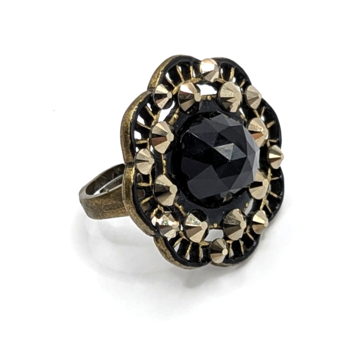 Anne Koplik Designs Flower Adjustable Statement Ring Black Faceted Stone 15$